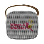 A compact, square mini speaker in white with a brown strap and a logo on the front.