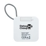 A white Bluetooth speaker with a textured strap, featuring a logo on the front.