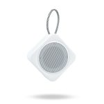 A white diamond-shaped mini speaker with a mesh grille and a looped strap for hanging.