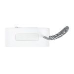A white mini speaker with three buttons and a textured strap for easy carrying. It features a logo.