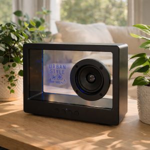 A black speaker with a transparent front, featuring a prominent speaker cone, set among green plants on a wooden table.
