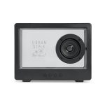 A black speaker with a white front panel and a circular speaker, featuring a logo and control buttons below.