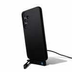 A black phone case with a built-in stand, featuring a charging cable connected to it.