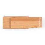 A bamboo USB flash drive with a smooth, natural finish and a simple design, featuring a logo.