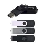 A set of swivel USB flash drives in black, white, and silver, featuring a logo on the black drive.