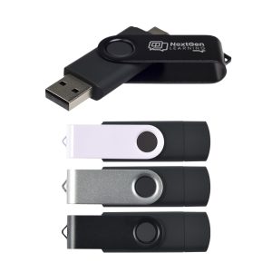 A set of swivel USB flash drives in black, white, and silver, featuring a logo on the black drive.