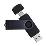 A black swivel USB flash drive with dual connectors, featuring a rotating design and a protective cap.