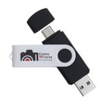 A dual 8GB swivel USB flash drive in black with a white section featuring a logo.
