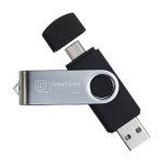 A swivel USB flash drive in black and silver, featuring dual connectors for versatility. Includes a brand logo.