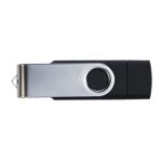 A swivel USB flash drive with a dual 8GB capacity, featuring a sleek black and silver design.
