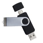A swivel USB flash drive in black and silver, featuring dual connectors for versatility.