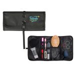 A dark green toiletry organiser featuring a brush, lip products, hair ties, and compartments for cosmetics. Includes a logo.