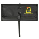 A black roll-up organizer bag with a clasp closure and brand logo "BUILDTECH SUPPLIES" prominently displayed.