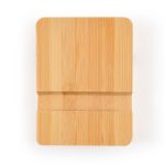 A bamboo tablet and phone stand featuring a natural wood finish, designed for holding devices.
