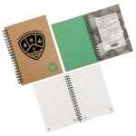 A stone paper notebook with a brown cover, spiral binding, and green interior pages. Features a logo.