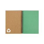 A spiral-bound notebook with a brown cover and a green interior, featuring a recycling logo on the front.