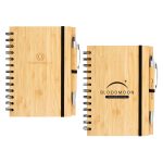 Two bamboo notebooks with spiral binding and black elastic bands, accompanied by wooden pens, featuring logos.