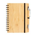 A bamboo notebook featuring a spiral binding and an elastic band, accompanied by a silver and bamboo pen.