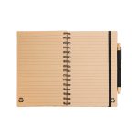 A spiral-bound A5 notebook with a tan cover, lined pages, and a black pen attached. Features a recycling logo.