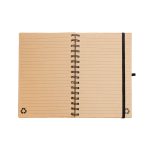 A Pacifica Spiral A5 Notebook featuring lined pages and a recyclable design, with a black elastic band for closure.