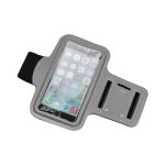 A grey phone armband with a transparent screen cover and compartments for secure phone storage.