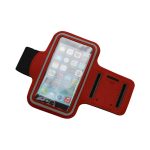 A red phone armband with a clear screen cover and adjustable strap, featuring slots for accessories.