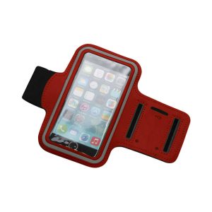 A red phone armband with a clear screen cover and adjustable strap, featuring slots for accessories.