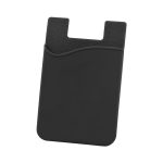 A black Sticky Pouch designed to attach to a phone, featuring a textured surface and a curved pocket opening.
