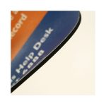 A close-up view of a Deluxe PVC mouse pad with a smooth edge and a combination of blue and orange colours.