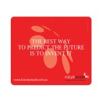 A red deluxe PVC mouse pad featuring an abstract design and a logo, with white text.