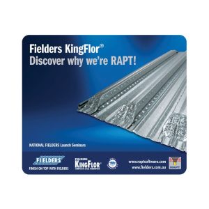 A promotional mouse pad featuring a textured, corrugated metal design in shades of grey and blue, with a logo.