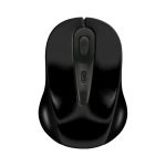 A black wireless mouse with a sleek design and an ergonomic shape. It features a central button and has a logo.