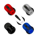 A collection of Nano II Wireless Mice in red, black, white, silver, and blue, featuring a logo on each device.