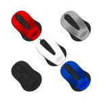 A wireless mouse available in red, silver, white, black, and blue. The design features a sleek, ergonomic shape.