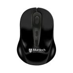 A wireless mouse in black, featuring a logo. The design is sleek with an ergonomic shape.