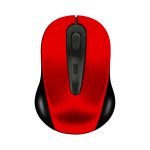 A red wireless mouse with black accents and a central scroll button, featuring a logo on the surface.