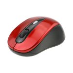 A red and black wireless mouse with a sleek design and a logo on the top.