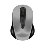 A grey and black wireless mouse with a sleek design and an embedded logo.
