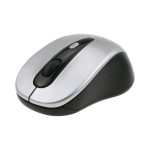 A wireless mouse featuring a silver top and black base, with a scroll wheel and buttons, including a logo.
