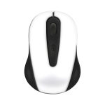 A wireless mouse featuring a sleek white and black design, with a simple button layout and an embedded logo.