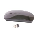 A black wireless mouse with a USB receiver beside it, featuring a smooth, contoured design.