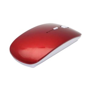 A red and white wireless mouse with a sleek design, featuring one button and a scroll wheel.
