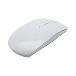 A white wireless mouse with a sleek design, featuring a logo on its surface.