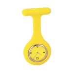 A yellow silicone nurse's watch with a round face and a simple design, featuring a logo on the side.