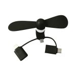 A black phone fan with two connectors for USB and Lightning ports, featuring a simple design.