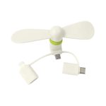 A compact white phone fan with green accents and multiple connectors for different devices.
