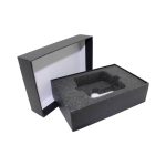 A two-part black gift box with an inner foam insert, designed for secure packaging. It has a sleek, minimalist appearance.