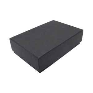 A black gift box with a two-part design, featuring a plain, smooth exterior.