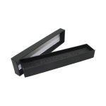 A black two-part pen box with a sleek design and a foam interior for cushioning. It features a transparent top section.