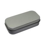 A grey rectangular tin container with a smooth surface and rounded edges, featuring a lid.